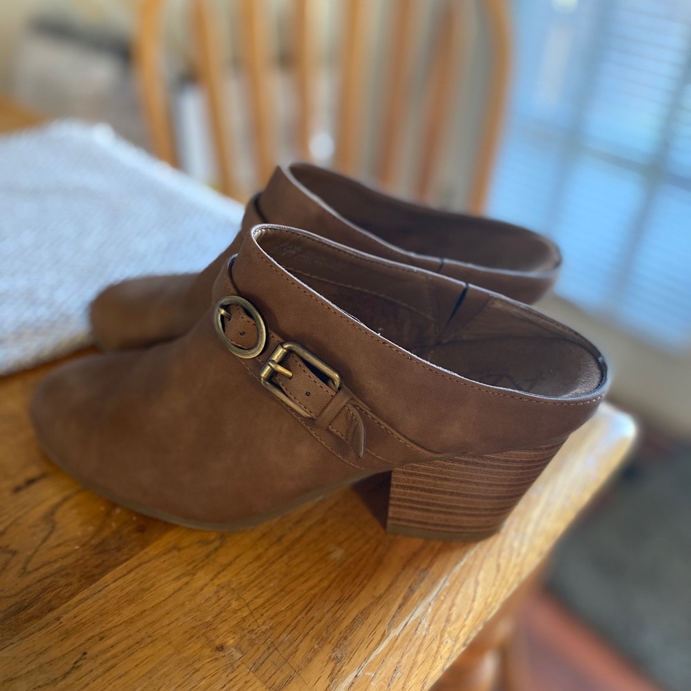 Brown open heel booties